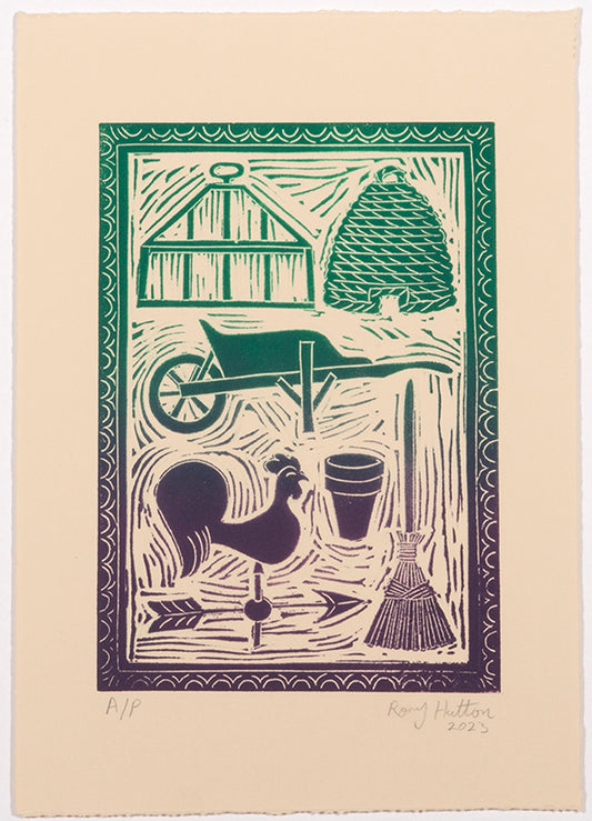 Rory Hutton, Potting Shed II Green Purple Ombre, 2023, linocut printed in colours, signed by the artist, from the edition of 15, on wove paper