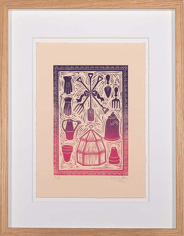 Rory Hutton, Potting Shed I Pink Purple Ombre, 2023, linocut printed in colours, signed by the artist, from the edition of 15, on wove paper
