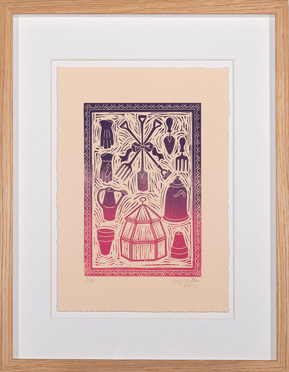 Rory Hutton, Potting Shed I Pink Purple Ombre, 2023, linocut printed in colours, signed by the artist, from the edition of 15, on wove paper