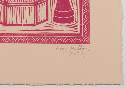 Rory Hutton, Potting Shed I Pink Purple Ombre, 2023, linocut printed in colours, signed by the artist, from the edition of 15, on wove paper