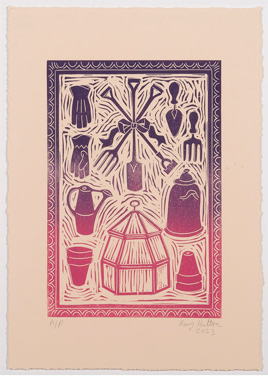 Rory Hutton, Potting Shed I Pink Purple Ombre, 2023, linocut printed in colours, signed by the artist, from the edition of 15, on wove paper