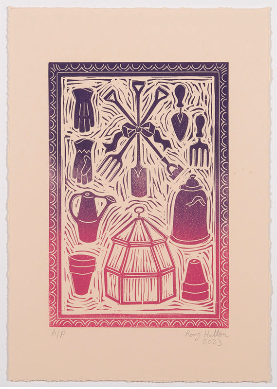 Rory Hutton, Potting Shed I Pink Purple Ombre, 2023, linocut printed in colours, signed by the artist, from the edition of 15, on wove paper