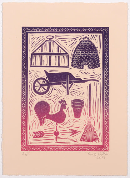 Rory Hutton, Potting Shed II Pink Purple Ombré, 2023, linocut printed in colours, signed by the artist, from the edition of 15, on wove paper