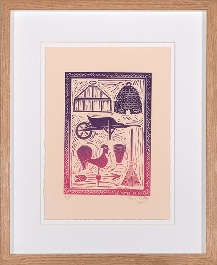 Rory Hutton, Potting Shed II Pink Purple Ombré, 2023, linocut printed in colours, signed by the artist, from the edition of 15, on wove paper