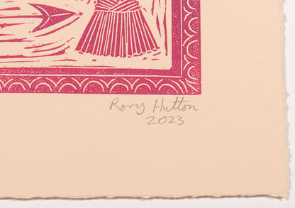 Rory Hutton, Potting Shed II Pink Purple Ombré, 2023, linocut printed in colours, signed by the artist, from the edition of 15, on wove paper