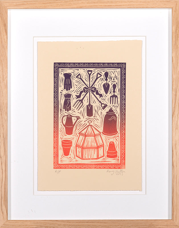 Rory Hutton, Potting Shed I Orange Purple Ombré, 2023, linocut printed in colours, signed by the artist, from the edition of 15, on wove paper