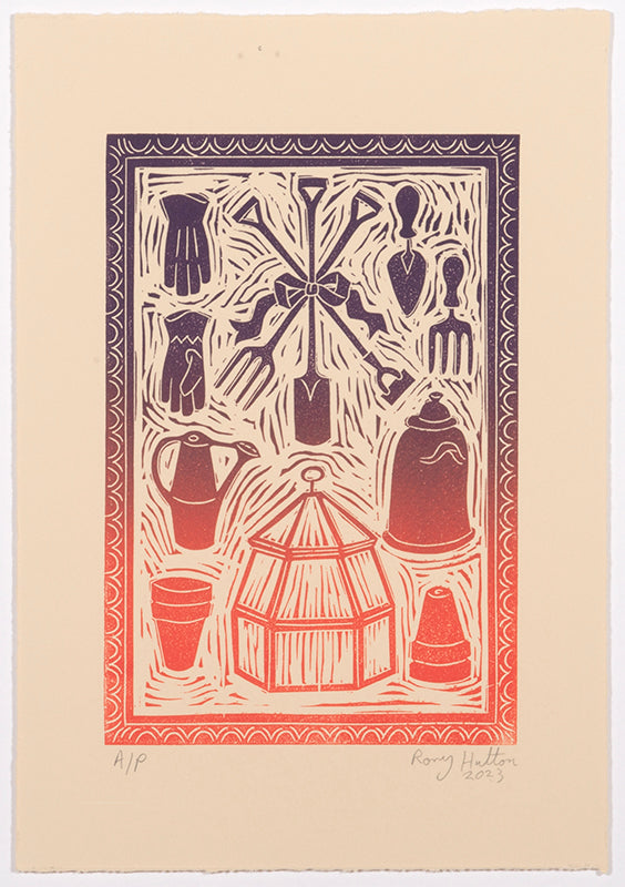 Rory Hutton, Potting Shed I Orange Purple Ombré, 2023, linocut printed in colours, signed by the artist, from the edition of 15, on wove paper