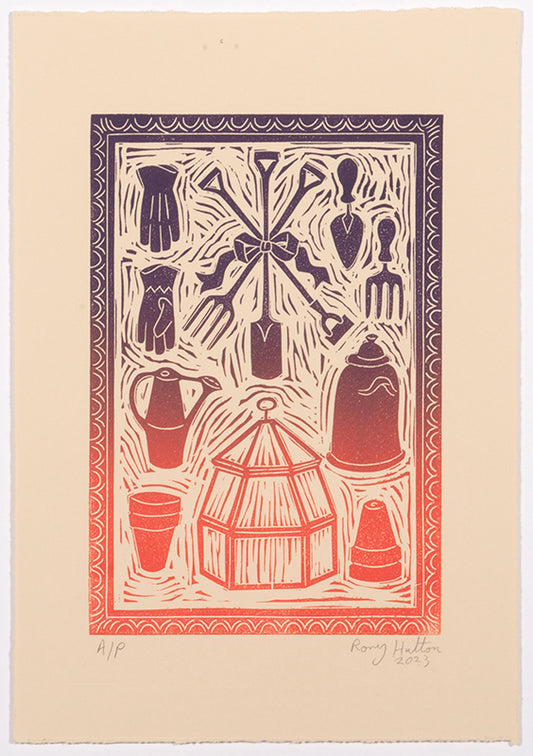 Rory Hutton, Potting Shed I Orange Purple Ombré, 2023, linocut printed in colours, signed by the artist, from the edition of 15, on wove paper
