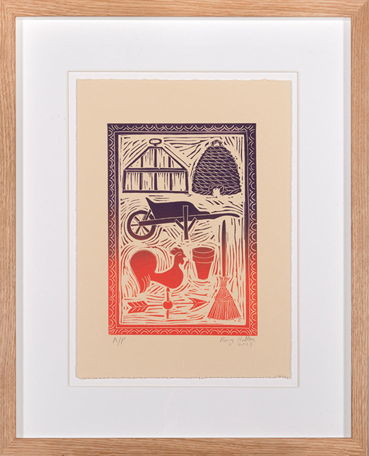 Rory Hutton, Potting Shed II Orange Purple Ombré, 2023, linocut printed in colours, signed by the artist, from the edition of 15, on wove paper