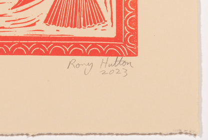 Rory Hutton, Potting Shed II Orange Purple Ombré, 2023, linocut printed in colours, signed by the artist, from the edition of 15, on wove paper