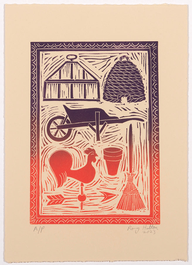 Rory Hutton, Potting Shed II Orange Purple Ombré, 2023, linocut printed in colours, signed by the artist, from the edition of 15, on wove paper