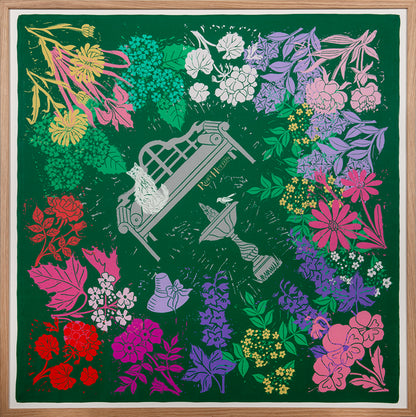 Rory Hutton, Gertrude's Garden, 2023, digital linocut in colours, on silk