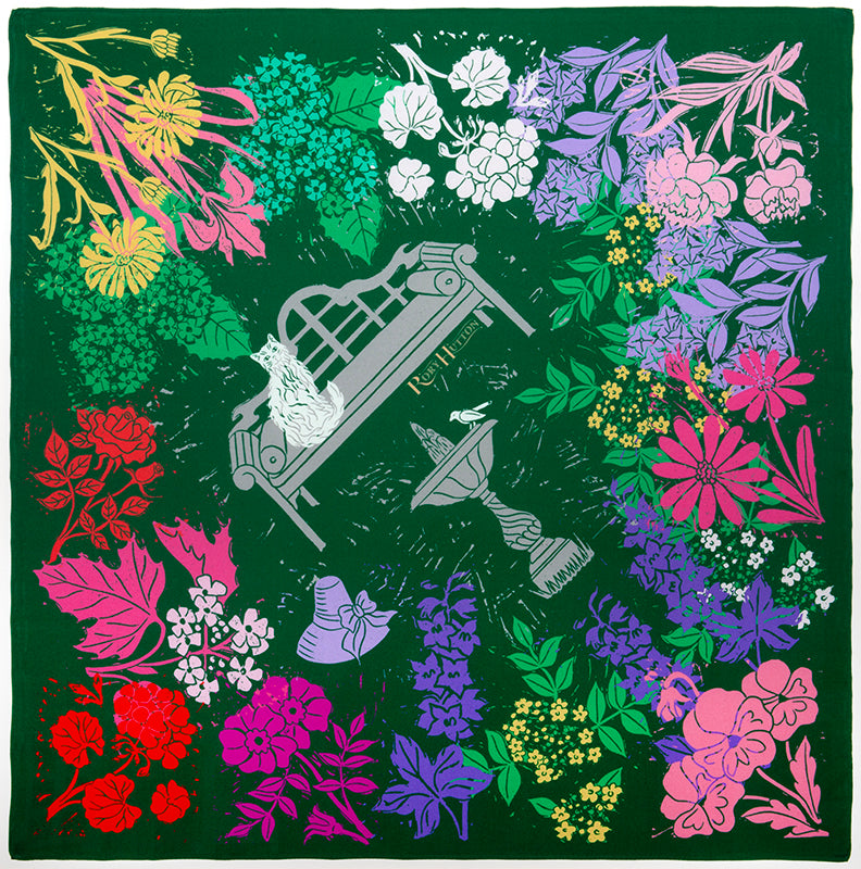 Rory Hutton, Gertrude's Garden, 2023, digital linocut in colours, on silk