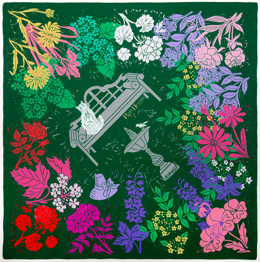 Rory Hutton, Gertrude's Garden, 2023, digital linocut in colours, on silk