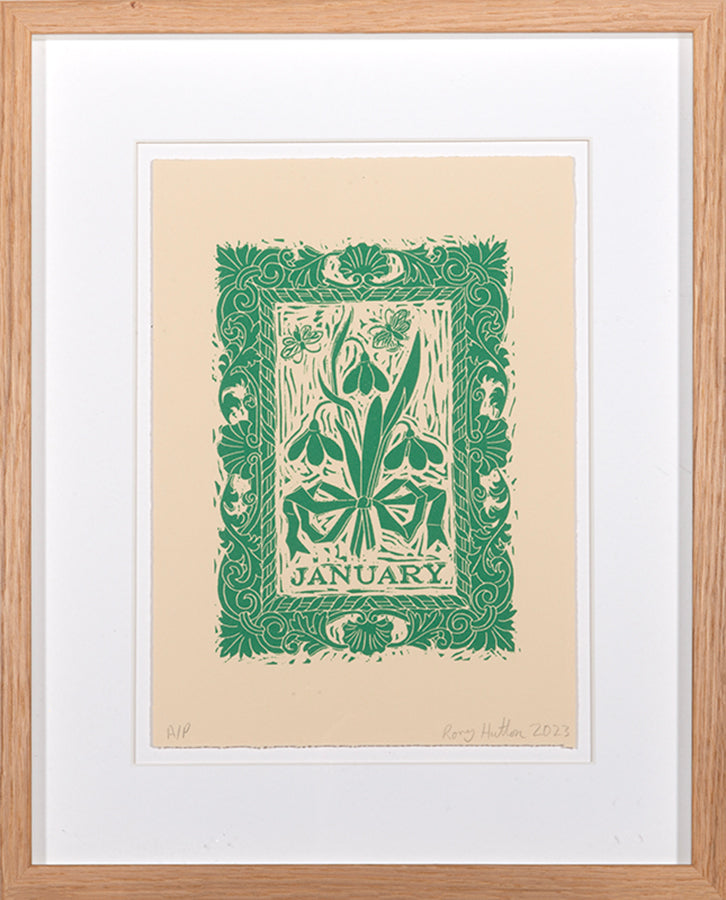 Rory Hutton, January, from Months of the Year, Green, 2023, linocut printed in colours, signed by the artist, from the edition of 25, on wove paper