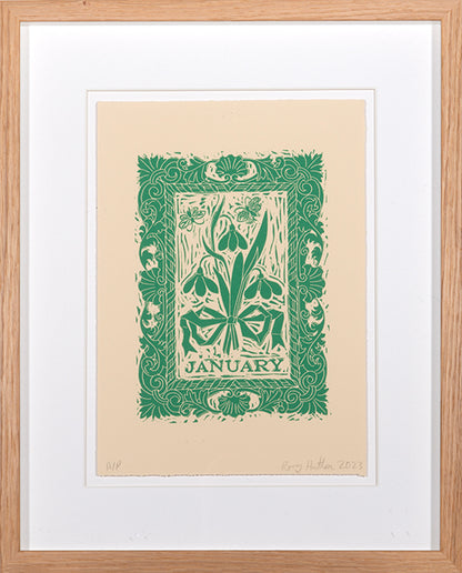 Rory Hutton, January, from Months of the Year, Green, 2023, linocut printed in colours, signed by the artist, from the edition of 25, on wove paper