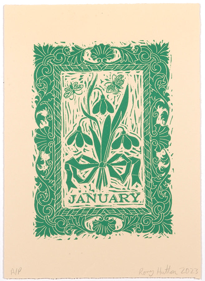 Rory Hutton, January, from Months of the Year, Green, 2023, linocut printed in colours, signed by the artist, from the edition of 25, on wove paper