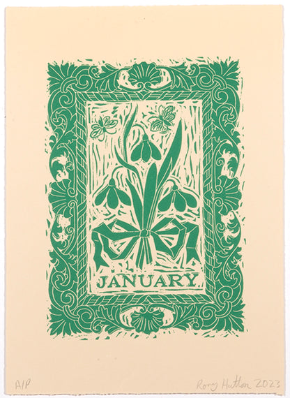 Rory Hutton, January, from Months of the Year, Green, 2023, linocut printed in colours, signed by the artist, from the edition of 25, on wove paper