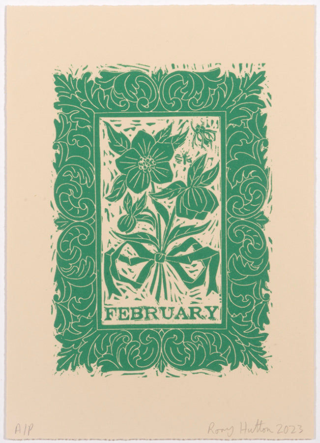 Rory Hutton, February, from Months of the Year, Green, 2023, linocut printed in colours, signed by the artist, from the edition of 25, on wove paper