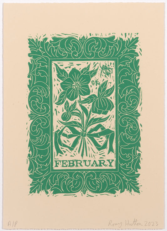 Rory Hutton, February, from Months of the Year, Green, 2023, linocut printed in colours, signed by the artist, from the edition of 25, on wove paper
