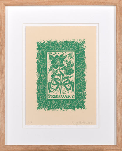 Rory Hutton, February, from Months of the Year, Green, 2023, linocut printed in colours, signed by the artist, from the edition of 25, on wove paper