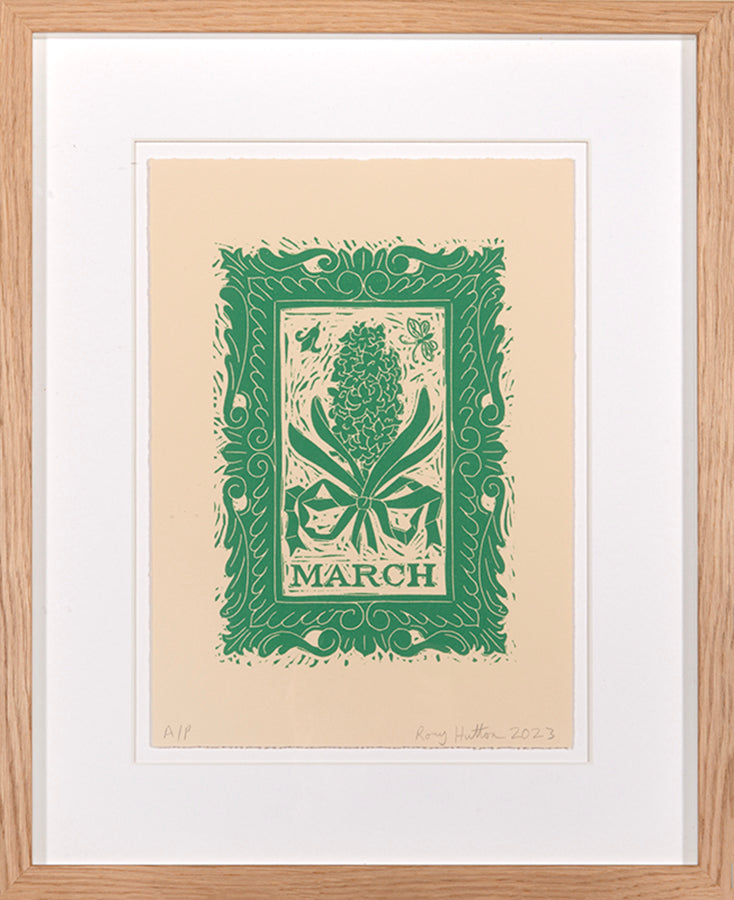 Rory Hutton, March, from Months of the Year, Green, 2023, linocut printed in colours, signed by the artist, from the edition of 25, on wove paper