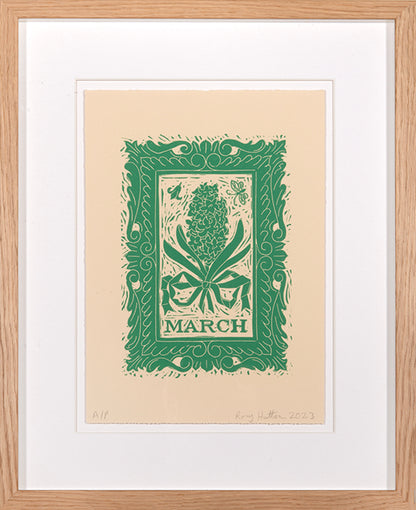 Rory Hutton, March, from Months of the Year, Green, 2023, linocut printed in colours, signed by the artist, from the edition of 25, on wove paper