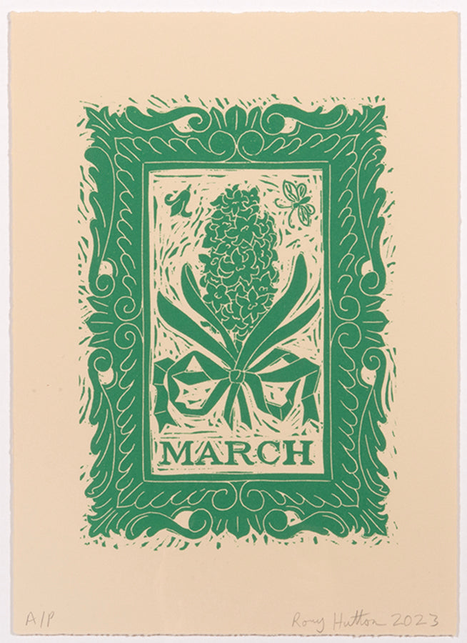 Rory Hutton, March, from Months of the Year, Green, 2023, linocut printed in colours, signed by the artist, from the edition of 25, on wove paper