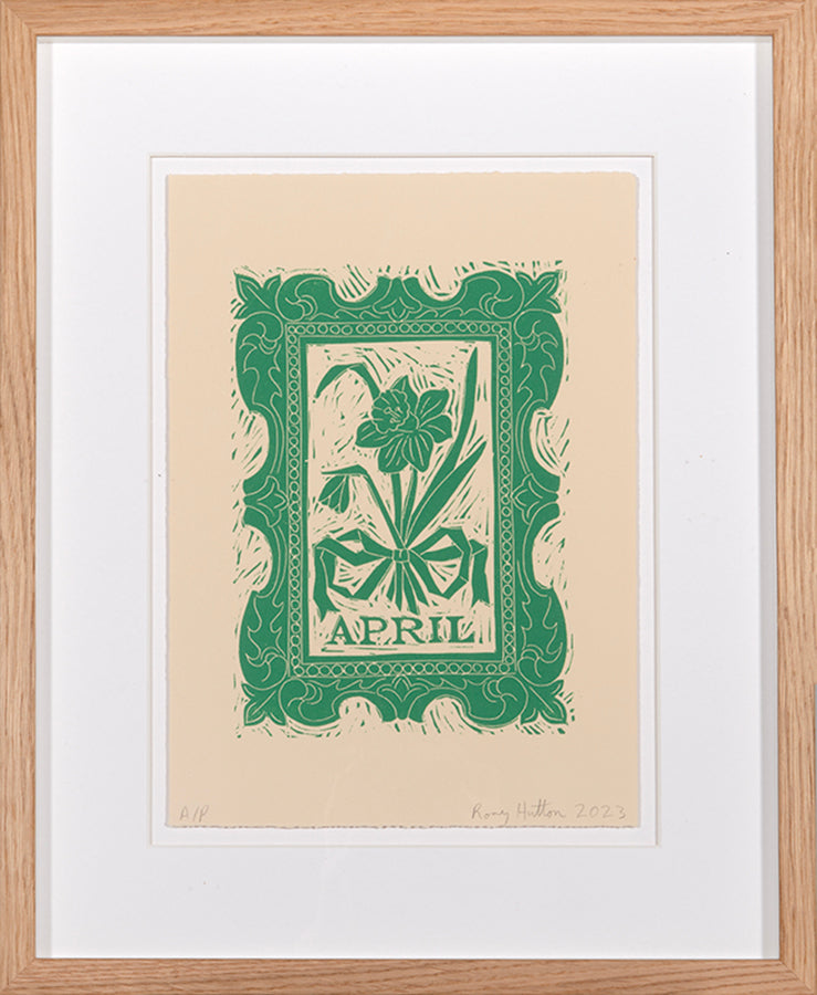 Rory Hutton, April, from Months of the Year, Green, 2023, linocut printed in colours, signed by the artist, from the edition of 25, on wove paper