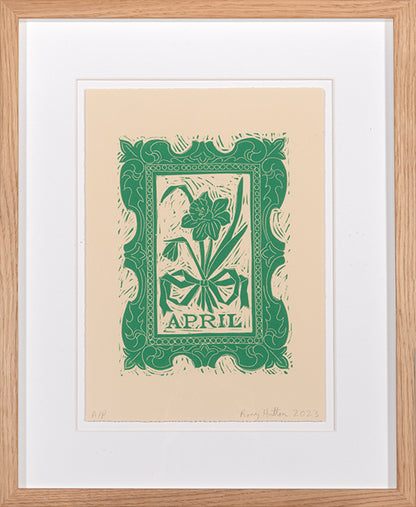 Rory Hutton, April, from Months of the Year, Green, 2023, linocut printed in colours, signed by the artist, from the edition of 25, on wove paper