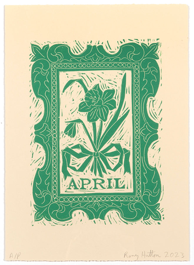 Rory Hutton, April, from Months of the Year, Green, 2023, linocut printed in colours, signed by the artist, from the edition of 25, on wove paper
