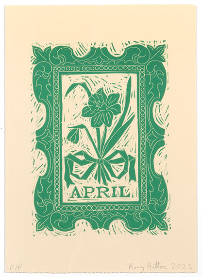 Rory Hutton, April, from Months of the Year, Green, 2023, linocut printed in colours, signed by the artist, from the edition of 25, on wove paper