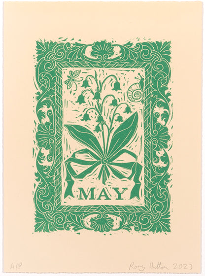Rory Hutton, May, from Months of the Year, Green, 2023, linocut printed in colours, signed by the artist, from the edition of 25, on wove paper