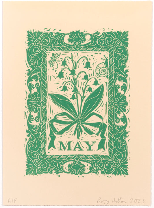Rory Hutton, May, from Months of the Year, Green, 2023, linocut printed in colours, signed by the artist, from the edition of 25, on wove paper