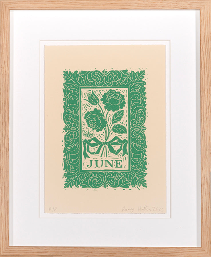 Rory Hutton, June, from Months of the Year, Green, 2023, linocut printed in colours, signed by the artist, from the edition of 25, on wove paper