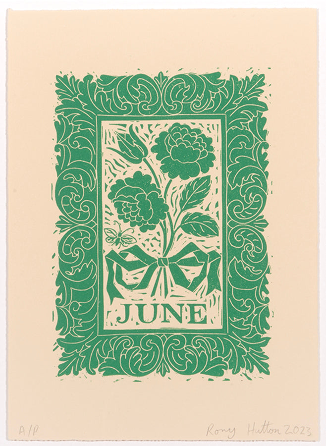 Rory Hutton, June, from Months of the Year, Green, 2023, linocut printed in colours, signed by the artist, from the edition of 25, on wove paper