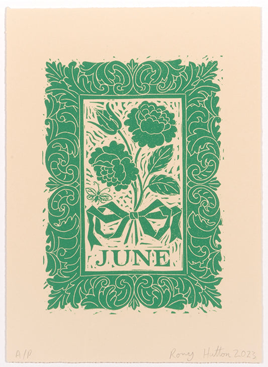Rory Hutton, June, from Months of the Year, Green, 2023, linocut printed in colours, signed by the artist, from the edition of 25, on wove paper