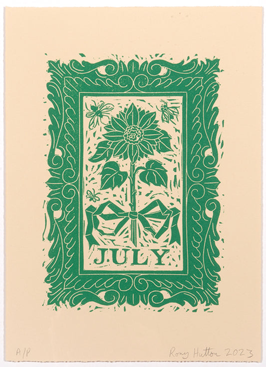 Rory Hutton, July, from Months of the Year, Green, 2023, linocut printed in colours, signed by the artist, from the edition of 25, on wove paper