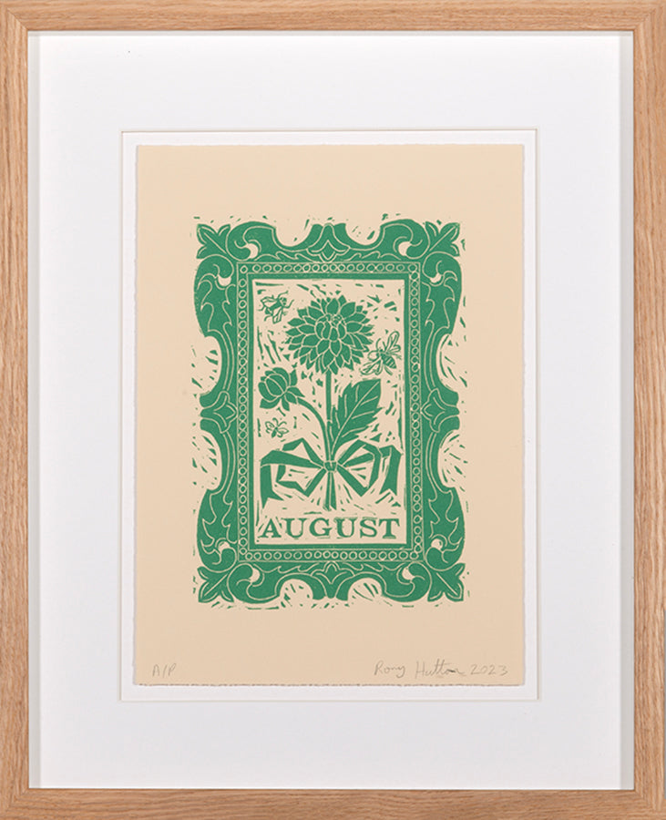Rory Hutton, August, from Months of the Year, Green, 2023, linocut printed in colours, signed by the artist, from the edition of 25, on wove paper