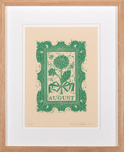 Rory Hutton, August, from Months of the Year, Green, 2023, linocut printed in colours, signed by the artist, from the edition of 25, on wove paper