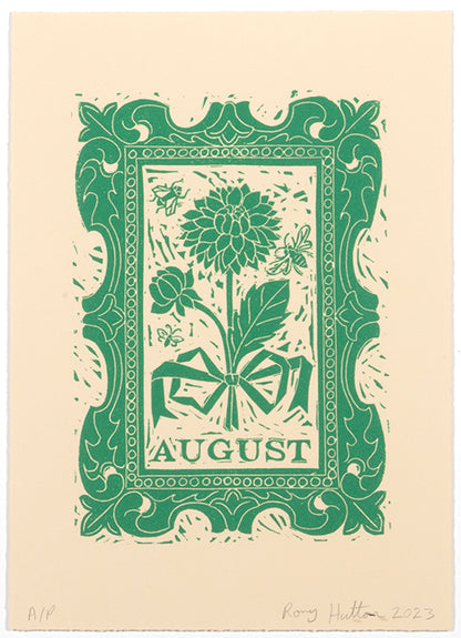 Rory Hutton, August, from Months of the Year, Green, 2023, linocut printed in colours, signed by the artist, from the edition of 25, on wove paper