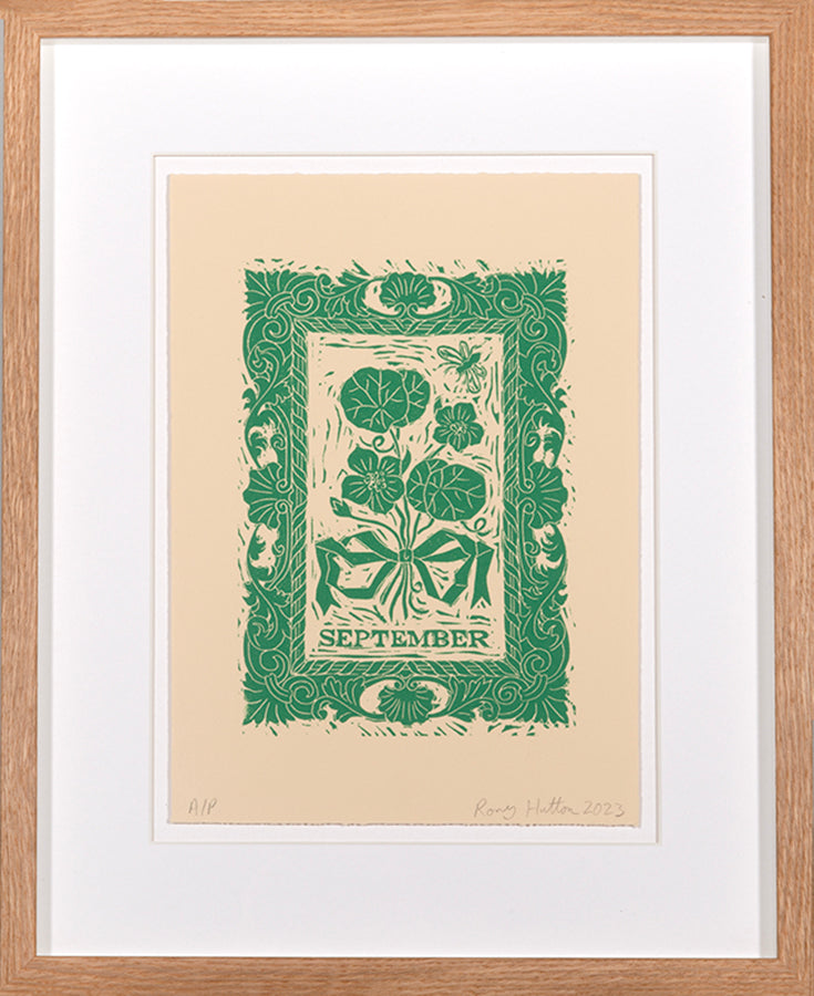 Rory Hutton, September, from Months of the Year, Green, 2023, linocut printed in colours, signed by the artist, from the edition of 25, on wove paper<br />