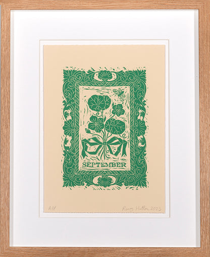 Rory Hutton, September, from Months of the Year, Green, 2023, linocut printed in colours, signed by the artist, from the edition of 25, on wove paper<br />