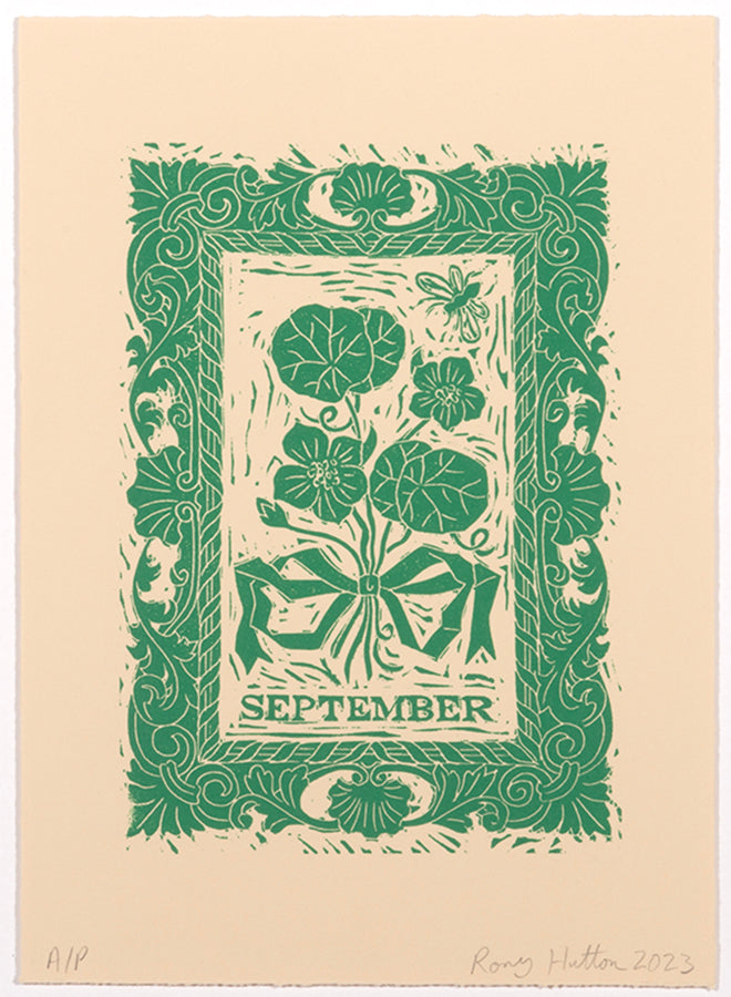 Rory Hutton, September, from Months of the Year, Green, 2023, linocut printed in colours, signed by the artist, from the edition of 25, on wove paper<br />