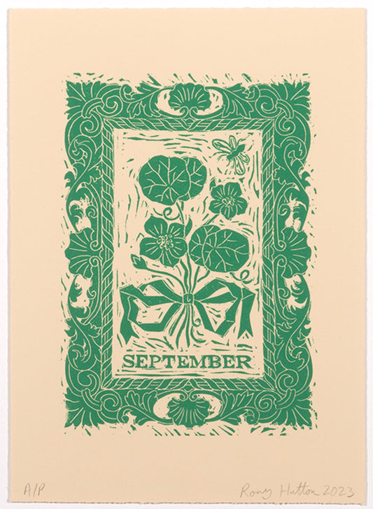 Rory Hutton, September, from Months of the Year, Green, 2023, linocut printed in colours, signed by the artist, from the edition of 25, on wove paper<br />