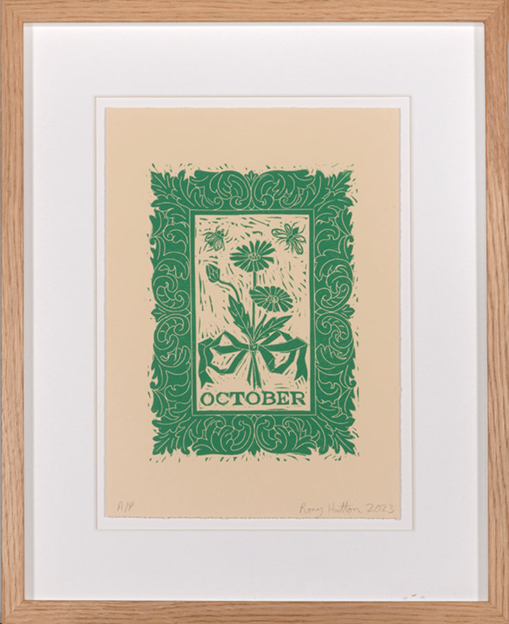 Rory Hutton, October, from Months of the Year, Green, 2023, linocut printed in colours, signed by the artist, from the edition of 25, on wove paper