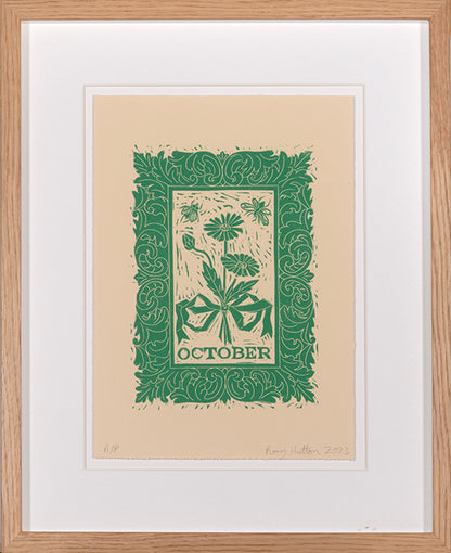 Rory Hutton, October, from Months of the Year, Green, 2023, linocut printed in colours, signed by the artist, from the edition of 25, on wove paper