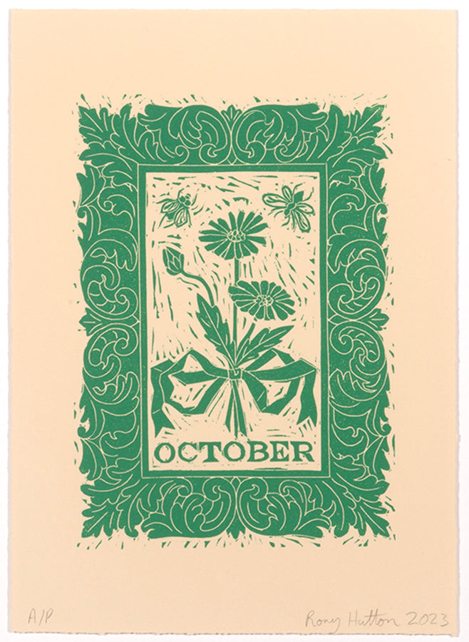 Rory Hutton, October, from Months of the Year, Green, 2023, linocut printed in colours, signed by the artist, from the edition of 25, on wove paper