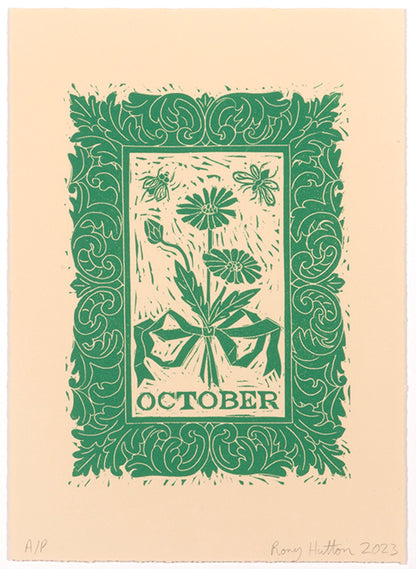 Rory Hutton, October, from Months of the Year, Green, 2023, linocut printed in colours, signed by the artist, from the edition of 25, on wove paper
