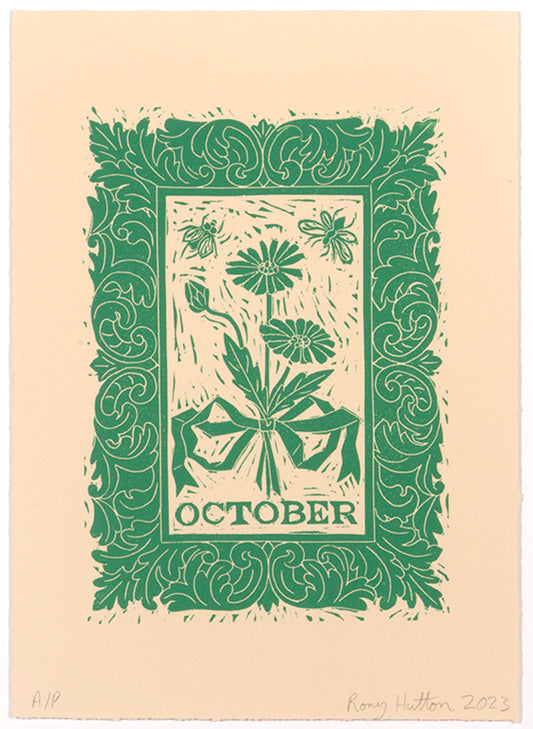 Rory Hutton, October, from Months of the Year, Green, 2023, linocut printed in colours, signed by the artist, from the edition of 25, on wove paper